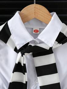 Girls Young Girl Casual Solid Color Collar Dress + Matching Striped Shoulder Shawl - White - View 4