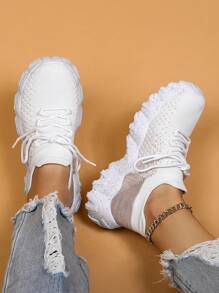 女士 2025 年春季新款流行厚底休闲运动鞋，百搭雪花潮流运动鞋 - 白色 - 查看 3