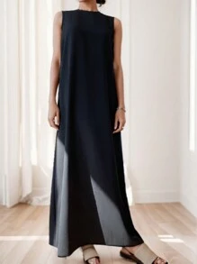 Casual Minimalist Sleeveless Crew Neck Black Bodycon Midi Dress - Black - View 5