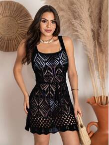 Women's Short Beach Cover-Up Knitted Dress Summer Fashion Blogger - màu đen - Xem 2