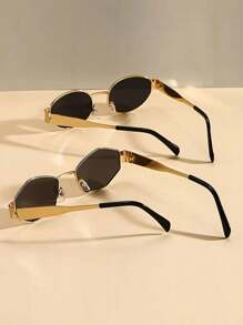 2pcs Fashion Metal Oval Frames Glasses Sets, PC Lenses, Suitable For Hiking And Outdoor Activities For Summer Beach Vacation,Outdoor,Travel