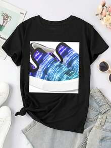 CRT Punk 003 Abstract Digital Glitch Art With Futuristic Neon Light Trails In Blue And Purple For Women's Women T-Women's Shirt - 黑色 - 查看 1