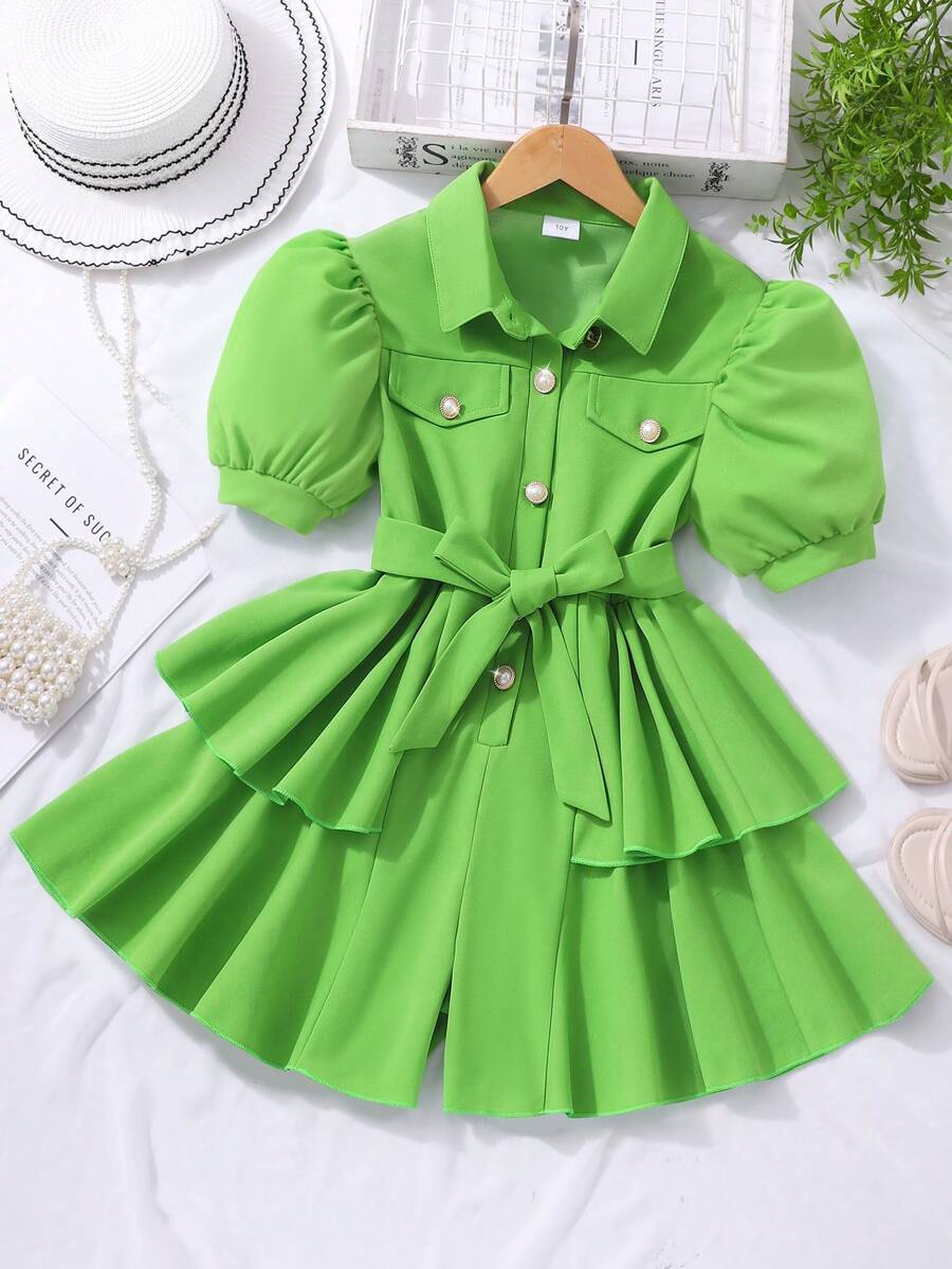 Girls' Solid Short Sleeve Romper With Belt, Summer - Green - View 1