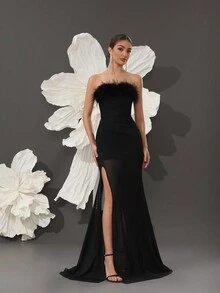 Vestido largo elegante de vendaje 2025 para fiestas y bodas, vestido de fiesta de noche de lujo negro con hombros descubiertos para cócteles y bodas, vestido de fiesta, vestido de invitada a la boda, vestido de gala - Negro - Ver 3
