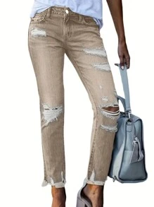 Women's Retro High Waisted Elastic Ripped Jeans, Five Pocket Design, Casual Denim Cropped Pants - Khaki - View 5