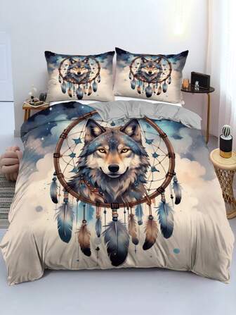 3 件套羽绒被套，（1 个羽绒被套 + 2 个枕套，不含芯）狼图腾捕梦网部落羽毛信仰星空星云宇宙梦幻印花柔软舒适床上用品套装适用于卧室宿舍