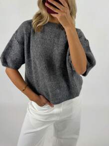 Women's Spring Autumn Knit Sweaters Half Sleeve O Neck Solid Color Casual Knitwear - Dark Grey - View 2