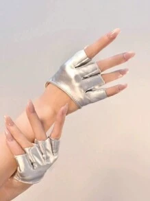 1 Pair Fashion Silver Fingerless PU Leather Gloves - Silver - View 2