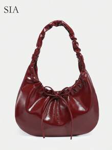 1 件复古酒红色褶皱蝴蝶结肩带豹纹云朵腋下包，适合约会、郊游、派对、情人节 - 酒紅色 - 查看 1