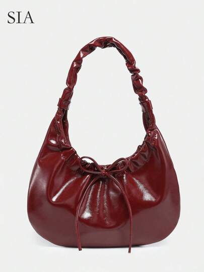 1pc Vintage Wine Red Pleated Bowknot Strap Leopard Print Cloud Underarm Bag, Suitable For Dates, Outings, Parties, Valentine's Day