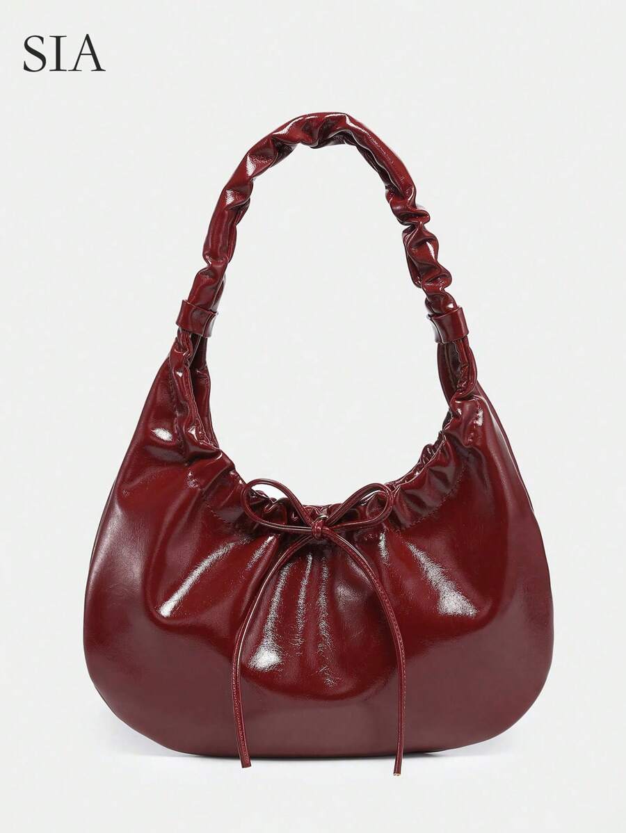 1 件复古酒红色褶皱蝴蝶结肩带豹纹云朵腋下包，适合约会、郊游、派对、情人节 - 酒紅色 - 查看 1