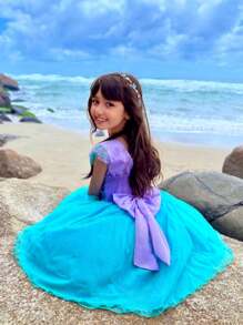 Vestido Infantil Festa Aniversário Tema Sereia Fundo do Mar De Luxo Lilás e Azul Com Brilho - 1.2.3.4 - Azul - Visão 5
