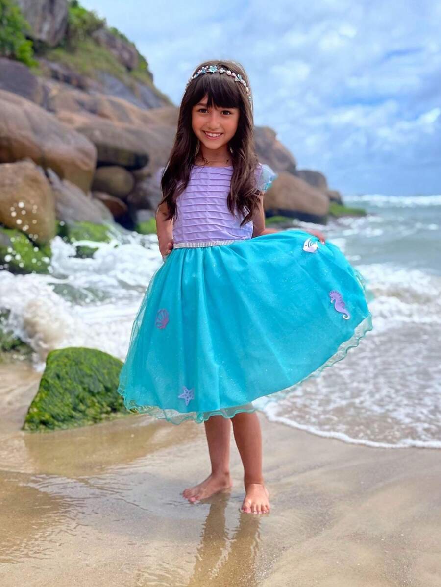 Vestido Infantil Festa Aniversário Tema Sereia Fundo do Mar De Luxo Lilás e Azul Com Brilho - 1.2.3.4 - Azul - Visão 1
