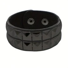 Studded Bracelet PU Leather Punk Bracelet For Men Women, 80s Wristband Goth Punk Rock Bracelet, Black/Silvery Punk Rock Style Two Rows Square Studs Faux Leather Bracelet Cuff Bangle Unisex Bracelets For Party Favors Accessories & Gift Halloween