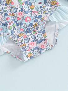 Traje de baño de manga larga con estampado floral para niña pequeña, con lazo y sombrero para el sol, ropa de verano - Azul - Ver 8