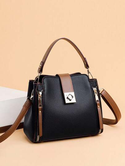Vintage Large Capacity Buckle Decor Handbag, Contrast Color Detachable Shoulder Strap Messenger Bag