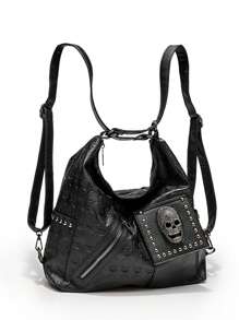 New Skull Rivet Decorated Alternative Fashion British Style Women Large Capacity Handbag Shoulder Bag Crossbody Bag, Halloween Bags Perfect For Fancy Party Matching With Halloween Costumes - Black - View 7