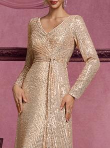 Summer High Quality Elastic Sequin V-Neck Long Sleeves With Slim Fit And A Line Hem Design, Solid Color Elegant And Luxurious Long Dress For Women, Making Women Younger And More Charming, Suitable For Various Parties, Graduations, Weddings, Events And Various Banquets And Dancing Parties, Formal Ball Gown For Women, (Deluxe Edition) Party Dress Wedding Guest Dress Evening Dress - Rượu sâm banh - Xem 4