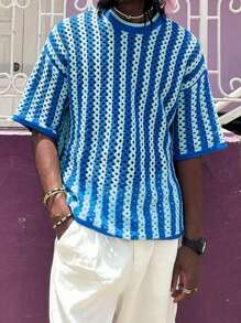 Casual Hollow Out Striped Knit Top, Unisex Loose Fit Lightweight Pullover Sweater, Spring/Summer/Autumn - Blue - View 3