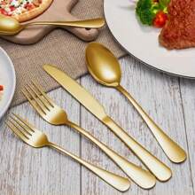 30/60-Piece Luxury Golden Flatware Set, Stainless Steel Cutlery For 6, Includes Dinner Spoons, Teaspoons, Dinner Forks, Salad Forks, Dinner Knives, Ideal For Home, Restaurant, Parties & Weddings - 金色 - 查看 5