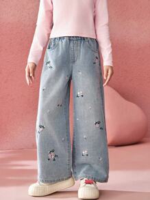 ASK JUNIOR 女童儿童休闲刺绣碎花阔腿牛仔裤