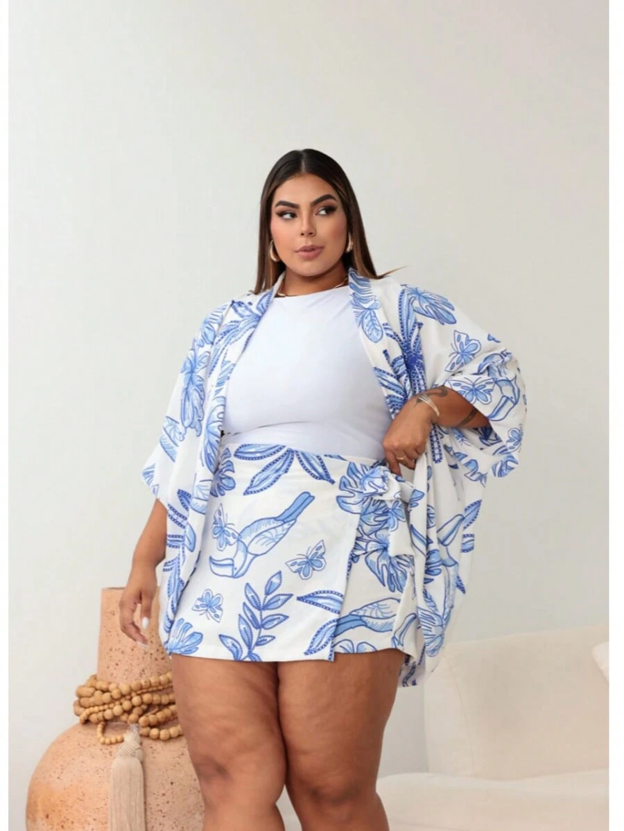 Plus Size 2-Piece Shorts And Kimono Set - White and Blue - View 1