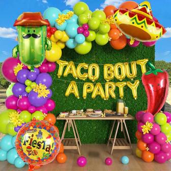 107pcs Mexican Carnival Arch Wreath Balloon, Includes "TACO BOUT A PARTY" Letters, Chili Peppers, Cactus, Sombrero Balloon, Suitable For May 5th Celebration, Birthday Party, Mexican Holiday, Taco Bout Party, Family Gathering Decorations