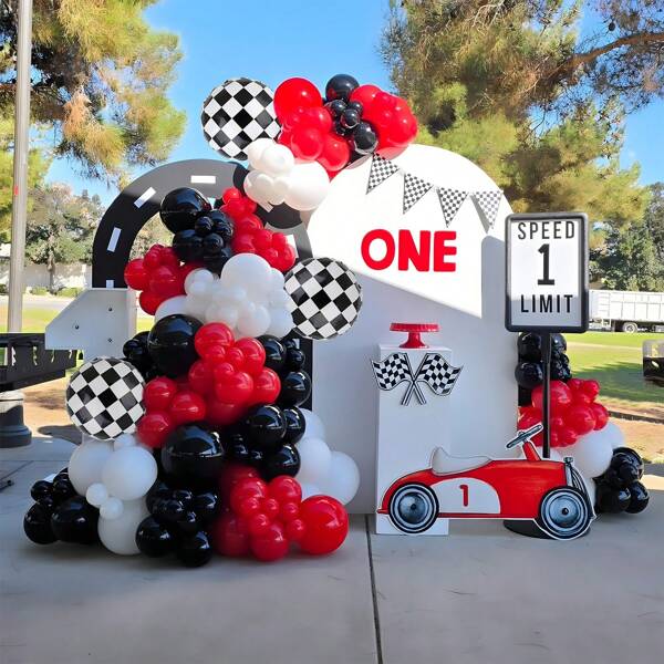 109pcs/Set Racing Car Balloon Garland Kit, Red, Black, White Latex Balloons, 18" Black & White Checkered Foil Balloons, Suitable For Shower, Car, Truck Parties, Racing Car Themed Birthday Decorations, Men's Birthday Decor