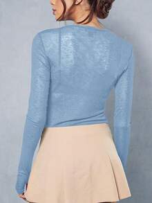 Y2K Elastic Sheer Long Sleeve Crew Neck Fitted T-Shirt Top - Baby Blue - View 2