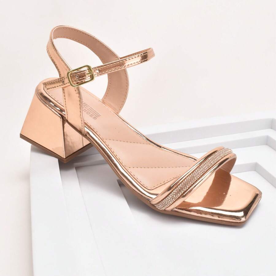 Women's Low Heel Sandals In Shiny Patent Leather With Rhinestone Strap - Bronze - View 1