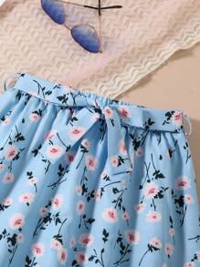 2pcs/Set Tween Girls Backview Girl Graphic Print Short Sleeve Top And Floral Skirt Set - trắng - Xem 5