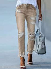 Women's Retro High Waisted Elastic Ripped Jeans, Five Pocket Design, Casual Denim Cropped Pants - Khaki - View 2