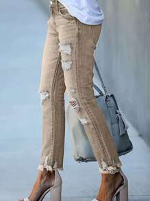 Women's Retro High Waisted Elastic Ripped Jeans, Five Pocket Design, Casual Denim Cropped Pants - Khaki - View 4
