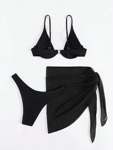 Women's Solid Color Sexy Bikini + Cover Up + Skirt 3pcs Set, Vacation Swimwear