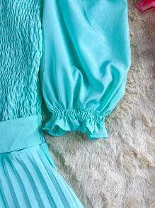 Pleated Midi Dress With Elastex Waist - 水鴨藍 - 查看 4