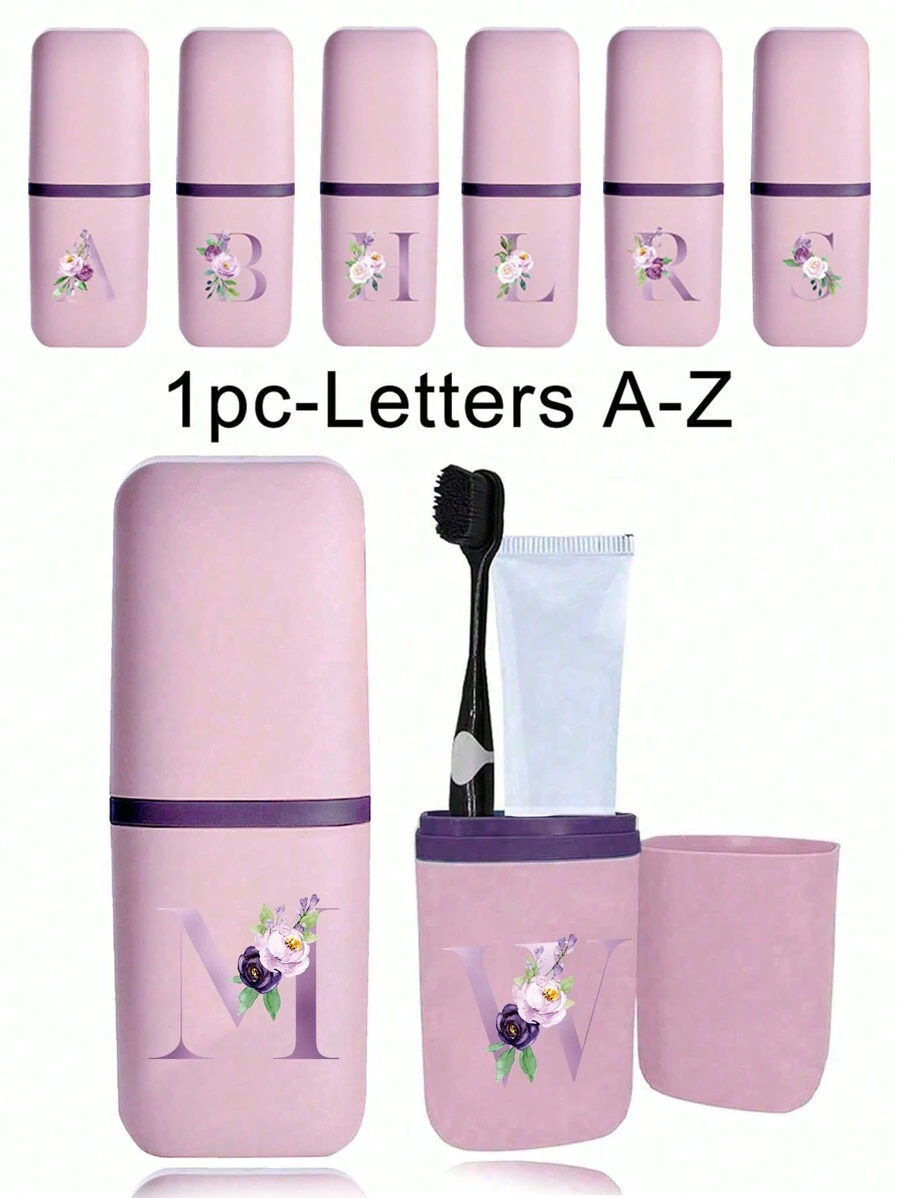 一套便携式旅行牙刷盒，字母系列印花，包含带盖漱口杯、牙膏牙刷收纳盒，浴室配件，户外旅行牙刷牙膏收纳盒，防尘整理盒，旅行必备，返校用品 - 粉色 - 查看 1