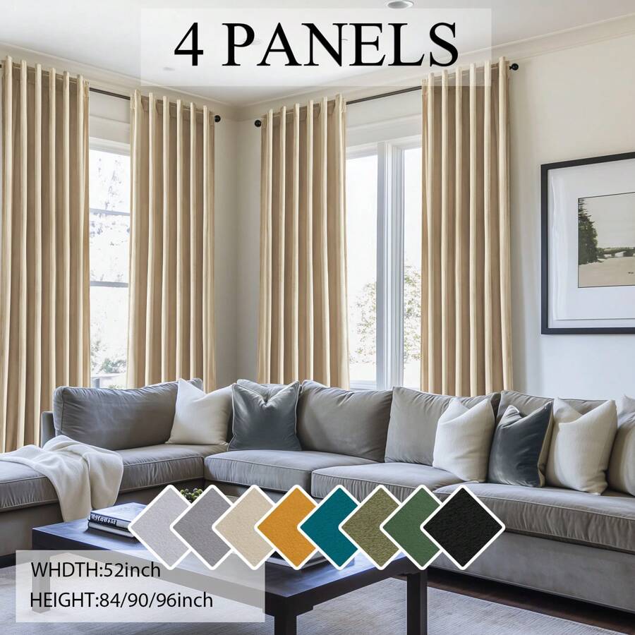 4 Panels Velvet Curtains Olive Green Blackout Elegant Rod Pocket Warm Curtains  Room Darkening Curtains In Winter For Living Room Bedroom Privacy Decor Machine Washable - 米色 - 查看 1