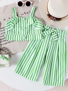 2pcs Baby Girls' Elegant Striped Camisole Top + Long Pants Outfit, Lightweight Summer Set - Green - View 1