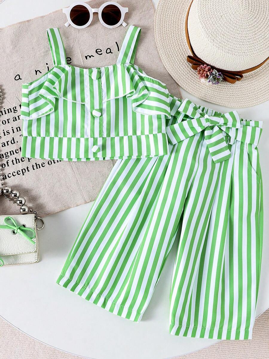 2pcs Baby Girls' Elegant Striped Camisole Top + Long Pants Outfit, Lightweight Summer Set - Green - View 1