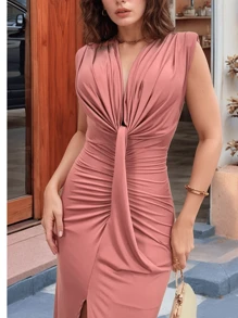 Women's Party Dress Deep V-Neck With Shoulder Pads Lined Cup Maxi Length In Fluity Mesh Fits Sizes 36 To 42 One Size Bridesmaids Civil And Guests Elegant Events - 乾枯玫瑰色 - 查看 2