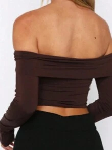 女士露肩紧身休闲长袖基本款 T 恤，适合春夏上衣 - 摩卡棕 - 查看 4