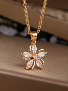 1 Piece Fashion Flower Necklace Shine Zirconia Pendant For Girls Women Gold Color Stainless Steel Chain Jewelry Party Gifts