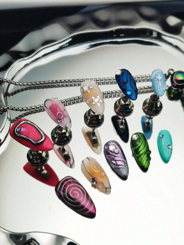 10-Piece Medium Ballet-Shaped Press On Nails Set, Euro-American Style, Hand-Painted Colorful Patterns With 3D Star Decor, Immersive Fashion Experience, Handcrafted For High-Toughness & Long-Lasting Wear, Suitable For Daily & Party Use!