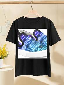CRT Punk 003 Abstract Digital Glitch Art With Futuristic Neon Light Trails In Blue And Purple For Women's Women T-Women's Shirt - 黑色 - 查看 2