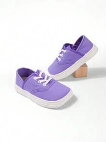 1 paar meisjes paarse canvas veterschoenen platte eenvoudige comfortabele ademende casual vierkante neus sportschoenen, geschikt voor dagelijks gebruik, alle seizoenen