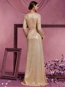 Summer High Quality Elastic Sequin V-Neck Long Sleeves With Slim Fit And A Line Hem Design, Solid Color Elegant And Luxurious Long Dress For Women, Making Women Younger And More Charming, Suitable For Various Parties, Graduations, Weddings, Events And Various Banquets And Dancing Parties, Formal Ball Gown For Women, (Deluxe Edition) Party Dress Wedding Guest Dress Evening Dress - Rượu sâm banh - Xem 2