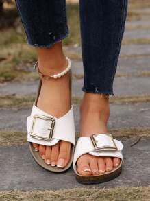 New Fashionable White Women Flat Mule Slides With Single Strap,Spring Summer Outfits - White - View 7