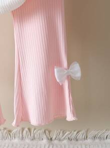 2pcs/Set Baby Girl Summer Casual Round Neck Bow Decor Short Sleeve Top And Flared Pants Set - Pink - View 6