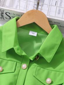 Girls' Solid Short Sleeve Romper With Belt, Summer - Green - View 3