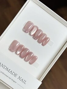 按压式指甲，手工制作镜面粉法式美甲玻璃猫眼设计美甲用品 - 粉色 - 查看 1